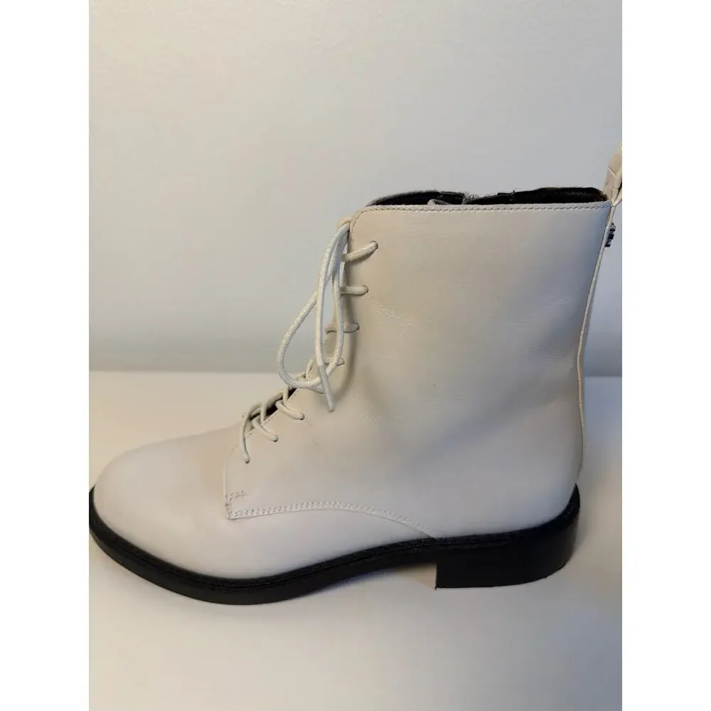 Sam Edelman Nina White Leather Lace Up Side Zip Ankle Combat Boots | Size 7M/37